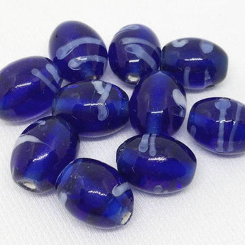 10 Vintage Striped White Cobalt Blue Oval Glass Beads