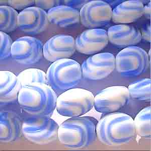 4 Vintage Blue White Matte Pressed Oval Glass Beads