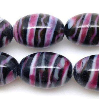 8 Vintage Handmade Pink White Black Striped Oval Glass Beads