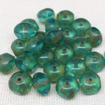 25 Aqua Green Picasso Czech Quadrie Rondelle Glass Beads