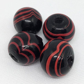 4 Vintage Handmade Black Red Striped Glass Beads