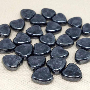 25 Vintage Gunmetal Czech Heart Glass Beads