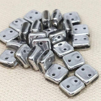 25 Metallic Silver Two Hole Chexx Czech Glass Beads Square 6mm