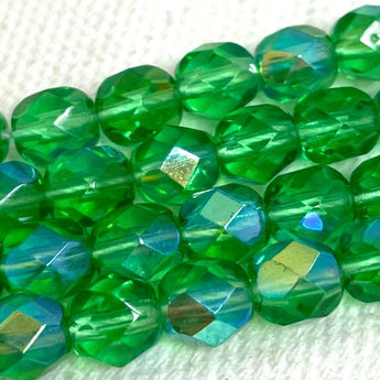 50 AB Green Czech Fire Polished Glass Beads 6mm