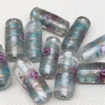 10 Vintage Aqua Blue Rose Metallic Cylindrical Glass Beads #4659