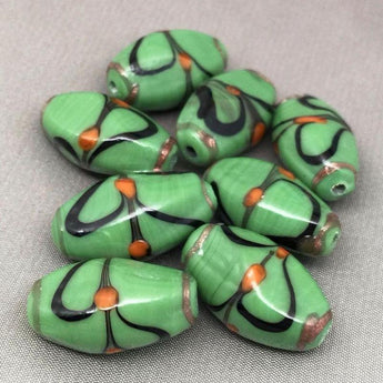 8 Vintage Handmade Opaque Green Oval Glass Beads