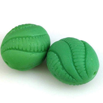 4 Vintage Matte Green German Carved Oval Glass Beads