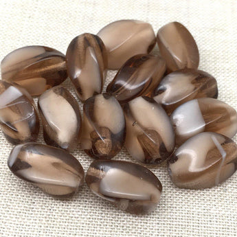 6 Vintage Creamy Brown Givre German Twist Oval Glass Beads