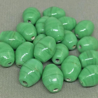 20 Vintage Handmade Striped Opaque Green Oval Glass Beads