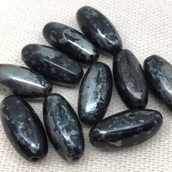 10 Vintage Black Silver Austrian Picasso Oval Glass Beads