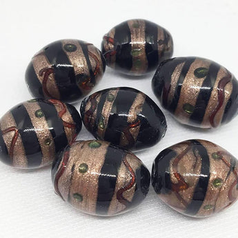 8 Vintage Black Aventurine Abstract Oval Glass Beads