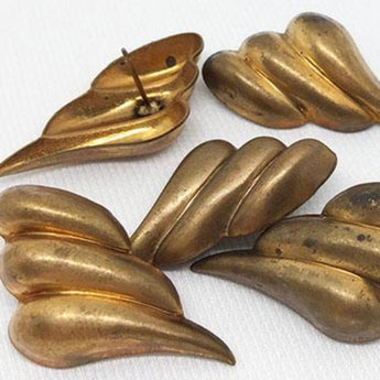 6 Vintage Stud Earring Brass Feather Metal Findings