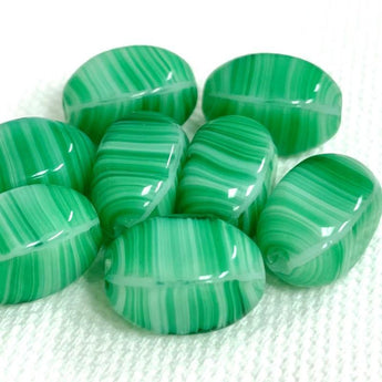 8 Vintage White Green Striped Oval Glass Beads #8721