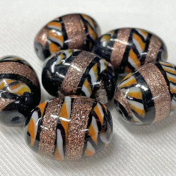 6 Vintage Black Aventurine Striped Oval Glass Beads