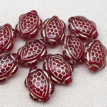 10 Red Gold Czech Turtle Glass Beads