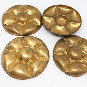 4 Vintage Domed Flower Brass Round Metal Stamping Pendants