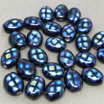 25 Metallic Blue Checkered Black Oval Glass Beads