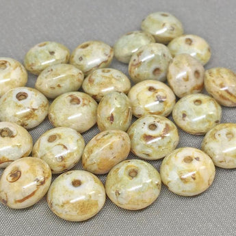 25 Light Golden Green Picasso Czech Rondelle Glass Beads