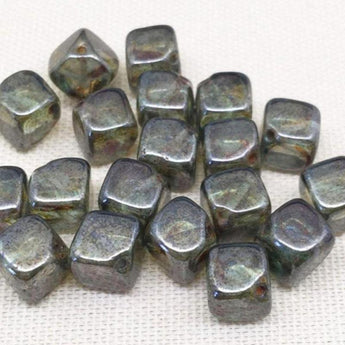 25 Translucent Green Czech Picasso Cube Glass Beads