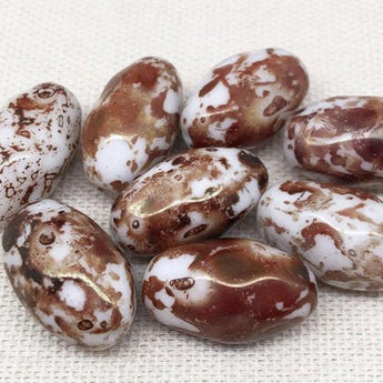 8 Vintage White Rustic Brown Austrian Oval Glass Beads