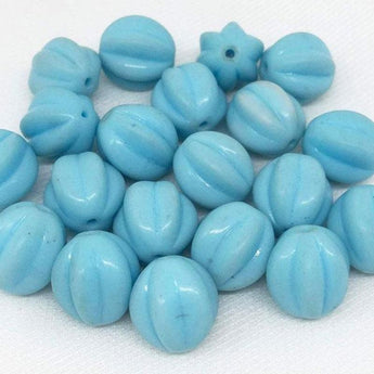 20 Vintage Baby Blue Czech Ribbed Round Melon Glass Beads