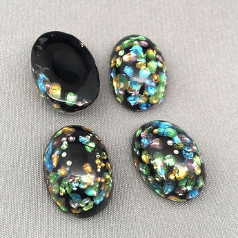 2 Vintage Black Foil Japan Oval Glass Cabochons 17mm