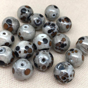 10 Vintage Mottled Gray Brown Round Glass Beads #8524